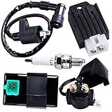 CNCMOTOK CDI Box Ignition Coil Solenoid Relay Voltage Regulator with Spark Plug Set of Five(5) for 50cc 70cc 90cc 110cc 125cc ATV Dirt Bike and Go Kart