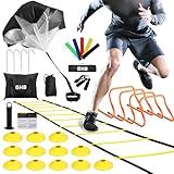 GHB Agility Ladder,Football Training Equipment Set,4 Agility Hurdles, 20 feet12 Rungs Speed Ladder,12 Disc Cones,Resistance Parachute, Jump Rope, 4 Resistance Bands (Yellow)