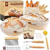 Banneton Bread Proofing Basket Set, Sourdough Starter Kit, 9" Round & 10" Oval Bannetons, Indonesian Rattan Sourdough Bread Baking Supplies, With Bread Making Tools Bread Lame Linen Liner
