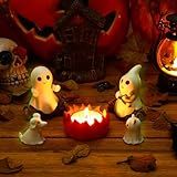JULEASEL Glow-in-The-Dark Ghost Campfire Gathering, Cute & Cozy Halloween Ghost Figurine Set | 2 Ghosts, Ghost Dog, Ghost Cat and Tea Light Holder | Resin Ghost Statue for Home, Mantel, Shelf, Desk