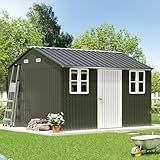 VanAcc 12x10.3x8.1 FT Galvanized Steel Outdoor Storage Shed with a Lockable Hinged Door and 2 Windows, Metal shed for Garden, Backyard, Dark Grey/White