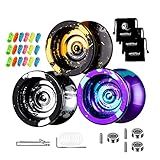 MAGICYOYO Pack of 3 Dual Purpose Yoyos- N11 Responsive& Unresponsive Yoyo with Bearing for Advanced + Bearing Tool + 3 Bags +18 Yoyo Strings - Black Golden, Black Silver, Purple Blue