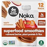 Noka Superfood Fruit Smoothie Pouches, Organic Applesauce Pouches with Apple, Cinnamon & Almond Butter, Healthy Snacks with Organic Fruits, Plant Protein, Fiber & Flax Seed, 4.22 oz (Pack of 12)