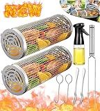 Rolling Grilling Baskets for Outdoor Grill Bbq Net Tube Stainless Steel Large Round Mesh Rotation Barbecue Cylinder Cage Cooking Accessories for Veggies Vegetable Fish Meat Food Camping, Gift for Men