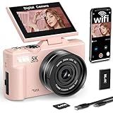 FLATIC Digital Camera, 5K 75MP Cameras for Photography with WiFi & 64GB TF Card, Autofoucs Vlogging Camera for YouTube with 180° Flip Screen, Compact Vlog Travel Camera Kit for Beginner, Teens (Pink)