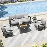 Kullavik Aluminum Patio Furniture Set with Propane Fire Pit Table 5-seat Metal Outdoor Furniture w/Fire Pit Patio Sectional Sofas w/5.1" Cushions for Patio, Backyard, Poolside-Grey