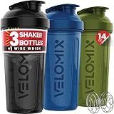 VELOMIX 3 Pack 14oz Protein Shaker Bottle, Green, Black, Blue