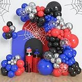 Amandir 153pcs Black Red Blue Balloon Arch Garland Kit, Different Sizes 18 12 10 5 inch Red Blue Sliver Spider Balloons for Boys Baby Shower Spider Theme Birthday Party Decorations