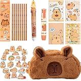 Cute Capybara Pencil Case Pencil Holder Pencil Bag Gift Set Includes Pencil Case, Capybara Ball-Point Pen, Pencil, Mini Notebook, Stickers and Capybara Erasers (Furry Capybara Pencil Case Set)