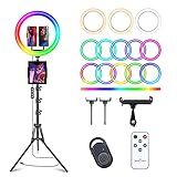 13" Selfie Ring Light with 76" Tripod Stand & 3 Phone Holder, LED Camera Ringlight with 48 RGB Colors Modes & Musical Rhythm Mode and 12 Brightness Dimmable for Makeup/Photography/Videos/Vlog/TikTok
