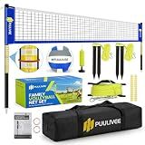 Outdoor Volleyball Net Set for Backyard, Beach, Grass, All-Weather & Easy Setup, with 4 Height Adjustable Poles, Anti-Sag Net, PU Volleyball, Portable Carry Bag, Premium Present Box (Blue White, 32FT)