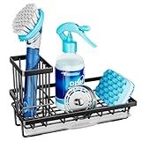 Consumest Sponge Holder for Kitchen Sink - Kitchen Sink Caddy Organizer with Removable Drip Tray for Countertop Dish Soap Dispenser Brush Storage Accessories 304 Stainless Steel - Black