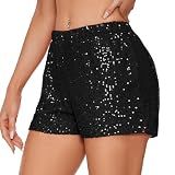 Zando Sequin Shorts for Women Elastic Fashion Glitter Metallic Short With Pockets for New Year Party Mardi Gras Club Disco Dance Festival Rave Sparkly Concert Dressy Black Rhinestone Bottom Large