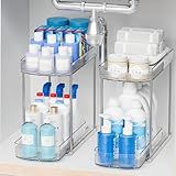 2 Pack Large Pull Out Bathroom Organizers and Storage,2 Tier 12.8″ Tall Sliding Kitchen Under Sink Organizer for Cleaning Products Storage,Acrylic Clear Bathroom inder Sink Organizer,Undersink Storage
