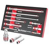 BILITOOLS 9 PCS Ratchet Extension Set, 1/4" 3/8" 1/2" Drive Extension Set, CR-V Steel with Mirror Chrome Plating, EVA-Foam Tray