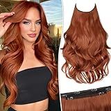 KooKaStyle Invisible Wire Hair Extensions Long Wavy Layered Synthetic Hair Extensions with Transparent Wire Adjustable Size 6 Secure Clips Auburn Hairpieces for Women 20 Inch