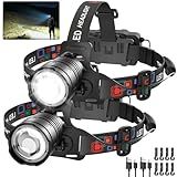 Rechargeable Headlamp High Lumen, 3000L Super Bright Head Lamp, 90° Rotatable Head Lights for Forehead, Adjustable Focus Headlight Flashlight, 4Modes LED Headlamps for Adults Hardhat Camping (2Pack)