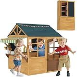 Qaba Foldable Outdoor Playhouse, Wooden Kids Cottage with Windows, Working Door, Snack Bars, Waterproof Covers, Blackboards, for Kids 3-8 Years, Brown