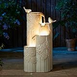 Glitzhome 31.75" H Outdoor Water Fountain with LED Lights and Pump, 4 Tier Dandelion Texture Vase Shaped Ceramic Floor Standing Fountain with Birds for Porch Deck Garden Patio Backyard, Sand Beige