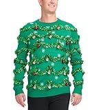 Tipsy Elves Men's Ugly Christmas Sweaters - Funny and Tacky Embellished Christmas Sweaters for Men - Green Gaudy Garland Christmas Sweater with Tinsel and Ornaments Size Large