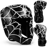 Arrowbash Boxing Headgear and Gloves Set for Kids 6oz White Black Spider Boxing Gloves and Wrestling Headgear Sparring Equipment for Kickboxing Muay Thai BJJ Karate Training