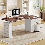 Homiflex 75.5 Inches Electric Standing Desk with Drawers Farmhouse Sit Stand Desk with Storage Adjustable Height Computer Desk with Power Outlets Printer Space for Home Office White and Walnut
