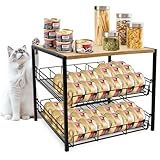 PWSOMJ Bamboo & Iron Cat Food Organizer for Pantry, 2-Tier Can Stackable Storage Rack Holds 48 (3oz) Cans, Flat Top for Extra Storage, Automatic Slide-Down Perfect for Pet Food Cans