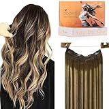 DOORES Wire Hair Extensions 14 Inch 75g Remy Human Wire Hair Extensions Invisible Transparent Line Adjustable Hairpieces Secret Extensions Straight Hair Balayage Chocolate Brown to Caramel Blonde