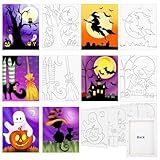 COCHIE 6 Pack 8x10 Inches Halloween Pre Drawn Canvas to Paint for Sip and Paint Party, Jack-O-Lantern Pre Printed Canvases, Ghost Bat Witch Pre Sketched Canvas for Painting for Adults, Kids