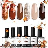 modelones Fall Gel Nail Polish Set, 6 Colors 2025 Neutral Nude Brown Gel Polish Maroon Caramel Burgundy Champane Gold Glitter Nail Polish Cherry Mocha Soak OFF LED Manicure Salon DIY Kit Gift