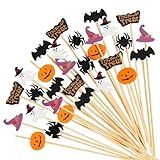 Halloween Cocktail Picks - 100 Counts Witch Hat Ghost Pumpkin Spider Bat Decorative Toothpicks for Appetizers, 4.7 inch Long Bamboo Skewers Wooden Sticks for Fruit, Fancy Halloween Party Decorations