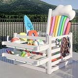 FENCETECH 63" L x 46" W x 38" H Vinyl Poolside Deckbox Storage Organizer with 9 Movable Hooks, Pool Storage Equipment Organizer Holder - White
