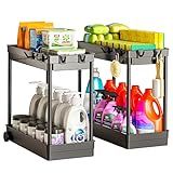 Cicilyna 2 Pack Under Sink Organizer, 2 Tier Bathroom Cabinet Organizers and Storage with Hook, Multi-purpose Storage Basket Shelf for Kitchen, Black