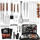 Yoehka BBQ Grilling Accessories Set, 34Pcs Heavy Duty Grill Tools for Outdoor Camping, Grilling Gifts for Men Dad, Stainless Steel Barbecue Utensils Kit with Mats and Glove in Carrying Bag, Brown