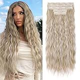 REECHO Clip in Hair Extensions, 5PCS Ash Blonde Hair Extensions 24" Thick Long Loose Waves hair extensions HE002 Invisible Lace Weft Natural Soft Hairpieces for Women – Ash Blonde with Highlights