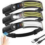(3-Pack) Headlamp Rechargeable, 230° COB Wide Beam Head Lamp Headband with Motion Sensor, 5 Modes Headlight Led Head Band, Head Lights for Forehead, Waterproof Headlamps for Adults Running Hard Hat