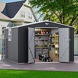 Benass 10x12 FT Outdoor Storage Shed, Metal Garden Shed - Tool Storage Sheds with Lockable Doors & 1 Clear Window, Waterproof Outside Storage Building for Backyard, Patio (Black; Floor Not Included)