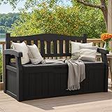 Greesum 80 Gallon Storage Bench Outdoor Deck Box with Armrest, Patio Furniture, Lockable, Waterproof and UV Resistant, Suitable for Garden, Poolside, Dark Black