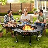 Wisteria Lane 3 in 1 43" Extra Large Fire Pit for Outside Wood Burning with 2 Adjustable Grills, Outdoor Fireplace with Lid and Fire Poker, BBQ & Bonfire & Round Metal Table for Patio, Backyard