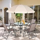 Vongrasig 6 Pieces Folding Patio Dining Set, All Weather Small Metal Outdoor Table and Chairs Set, Patio Furniture Set w/Umbrella, Glass Table & 4 Folding Chairs for Garden, Lawn, Backyard, Brown