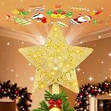 Christmas Tree Topper with Built-in 360° LED Rotating Projector, 3D Hollow Sparkling Gold Star, 3m Plug in Christmas Tree Top Decorations, Indoor Office Party Holiday Home Xmas Treetop Cool Ornament