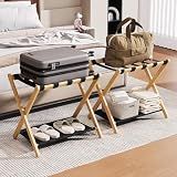 Oakvora 26.77" Full Assembled Luggage Rack for Guest Room, Set of 2 Bamboo Foldable Suitcase Stand, Bedroom & Hotel, Folding Luggage Holder with 5 Nylon Straps, 600D Oxford Fabric Shelf Natural Wood