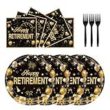 72Pcs Retirement Plates and Napkins, Black Gold Happy Retirement Party Decorations Paper Plates and Napkins with Forks Disposable Tableware Set for Men Women