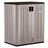 Suncast Base Storage Cabinet for Garage Organization, 9 Cu. Ft. Capacity, Platinum Metallic & Slate - Lockable Multi-Wall 2-Shelf Resin Organizer for Garden Supplies, Paint Cans & Outdoor Tools
