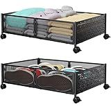 Under Bed Storage Containers with Wheels, Under Bed Shoe Storage Organizer Drawer, Tool-free Assembly Metal Storage Containers for Bedroom Clothes Shoes Blankets -2PCK