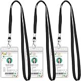 3 Pack Clear ID Badge Holder with Lanyard Black Lanyards with Vertical Waterproof ID Badge Holder for Office, School, Travel