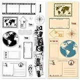 LANGFON Travel Journey Diary Clear Stamps Film Globe Stamp for Card Making Decoration DIY Scrapbooking, Letter Compass Postcard Silicone Transparent Seal Stamps for Travel Embossing Album Decor Craft