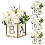Acmee 4 Set Baby Shower Centerpieces for Tables - 6 inch Wooden Boxes with Baby Letters Rustic Cube Planter Wood Blocks for Gender Reveal Party Favor (Gold)