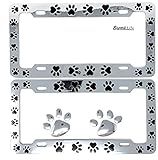 Animal Black Paws Print Design License Plate Frame, Pet Dog Cat, Set of 2 with 2pcs 3D Chrome Dog Paw Footprint Sticker Decal