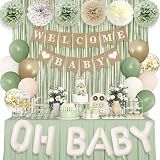 Ouddy Party Sage Green Neutral Baby Shower Decorations with Fringe Curtain